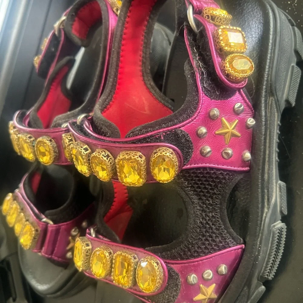 Gucci Black and Purple Sandals with Yellow Accents - Picture 4 of 6